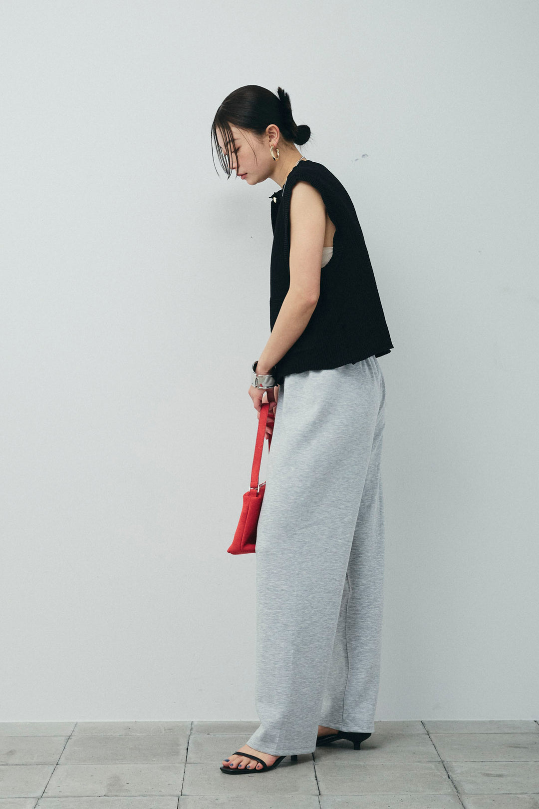 [予約/SET]畦編み金釦ルーズベスト+ストレートスウェットパンツ(2set)