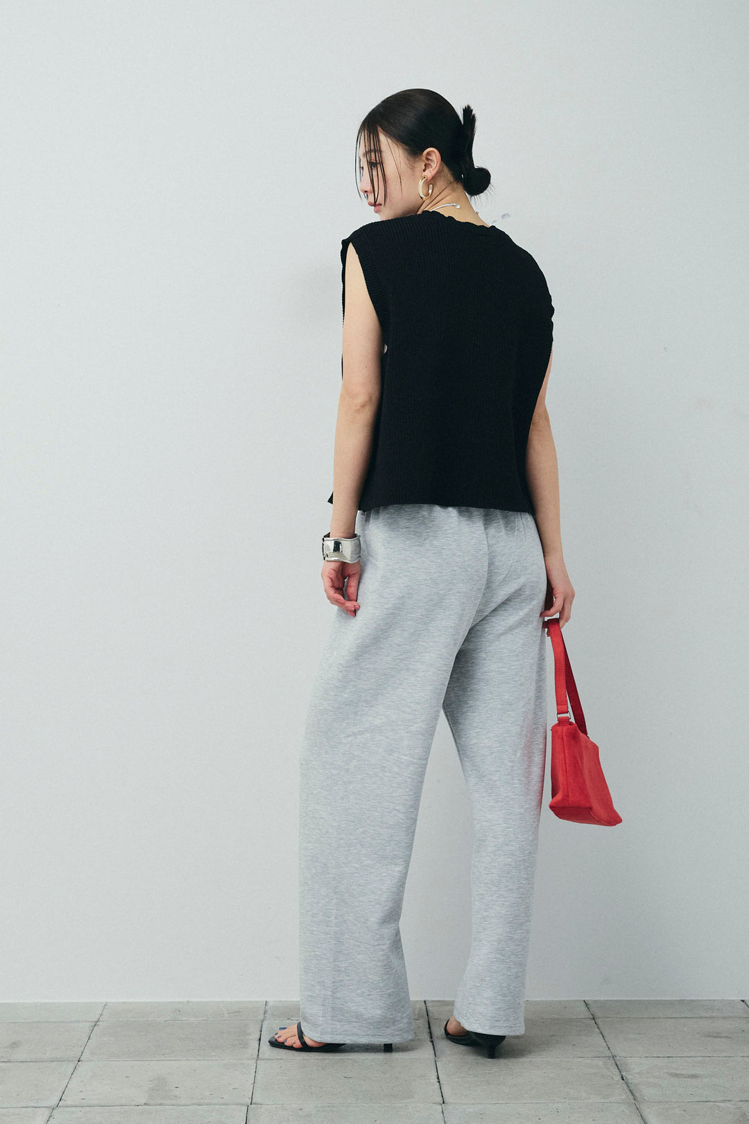 [予約/SET]畦編み金釦ルーズベスト+ストレートスウェットパンツ(2set)