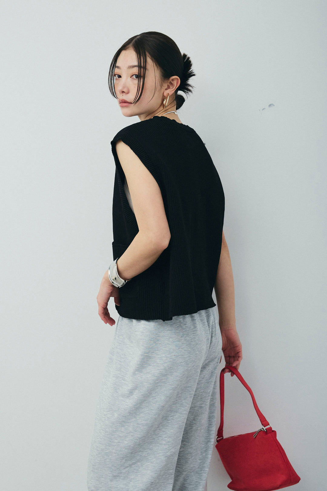 [予約/SET]畦編み金釦ルーズベスト+ストレートスウェットパンツ(2set)