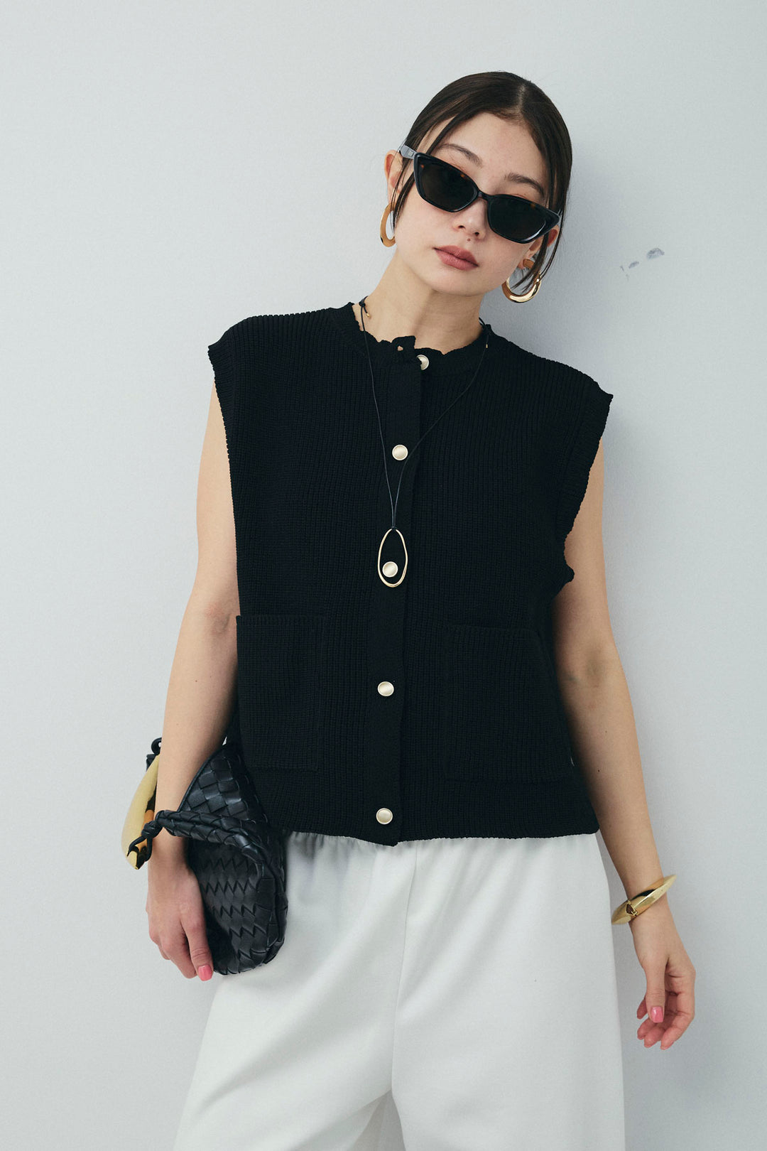 [予約/SET]畦編み金釦ルーズベスト+ストレートスウェットパンツ(2set)