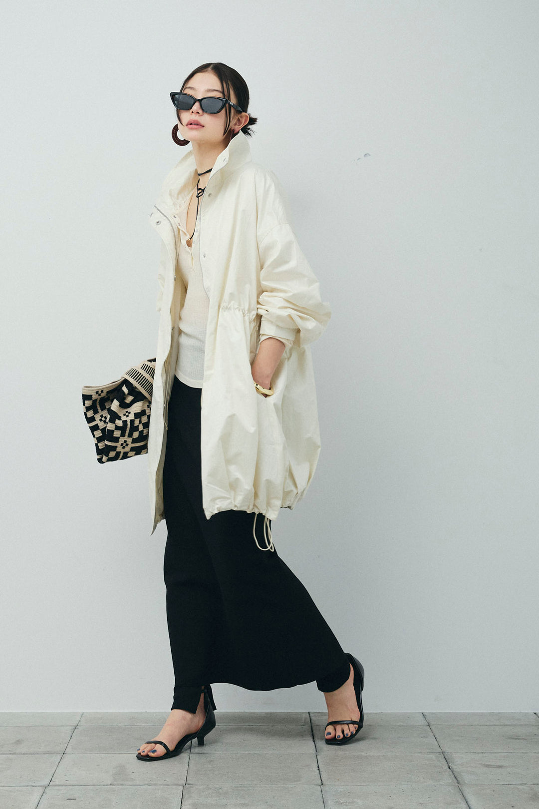 [予約/SET]パールタフタロングマンパ+シアーテレコヘンリーネックPO+ダンボールニットスカート+スリットレギンス(4set)