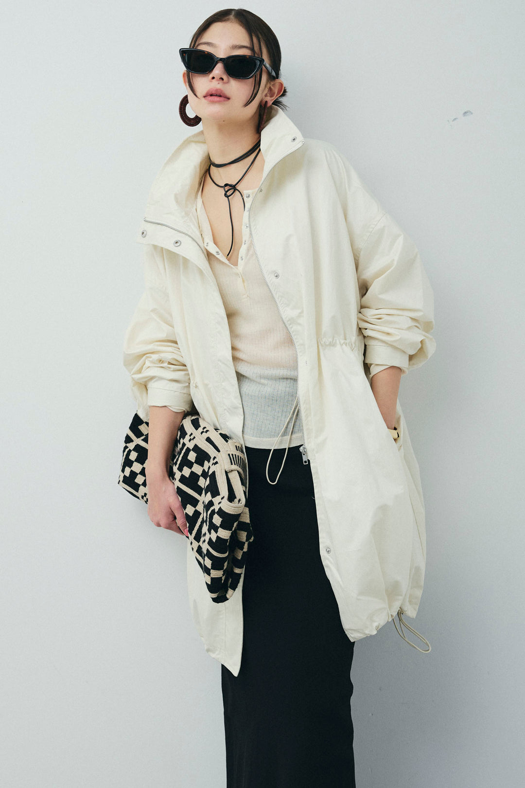 [予約/SET]パールタフタロングマンパ+シアーテレコヘンリーネックPO+ダンボールニットスカート+スリットレギンス(4set)