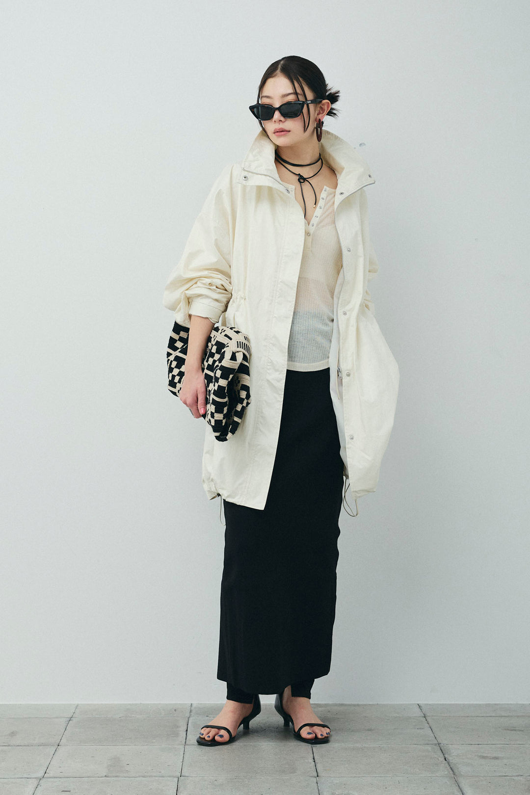 [予約/SET]パールタフタロングマンパ+シアーテレコヘンリーネックPO+ダンボールニットスカート+スリットレギンス(4set)