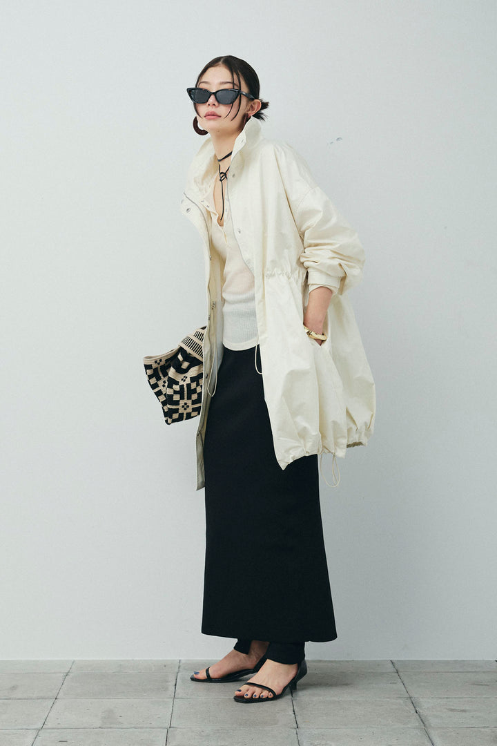 [予約/SET]パールタフタロングマンパ+シアーテレコヘンリーネックPO+ダンボールニットスカート+スリットレギンス(4set)