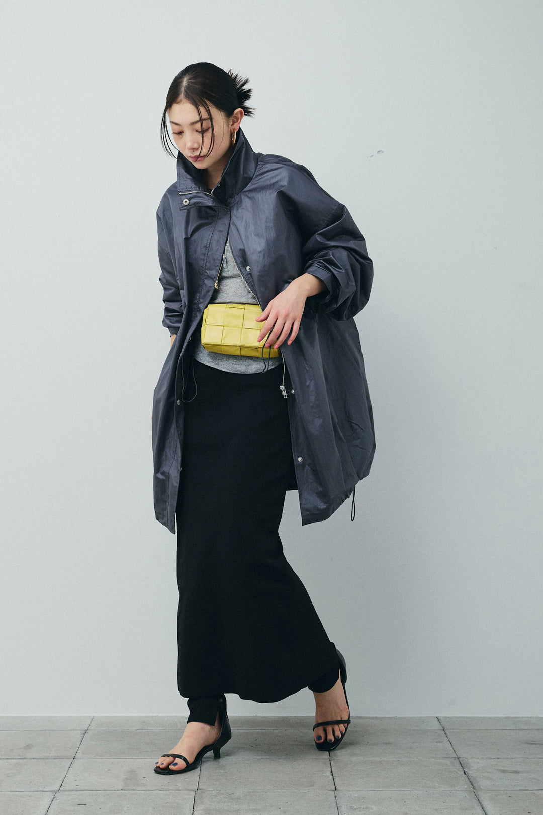 [予約/SET]パールタフタロングマンパ+シアーテレコヘンリーネックPO+ダンボールニットスカート(3set)