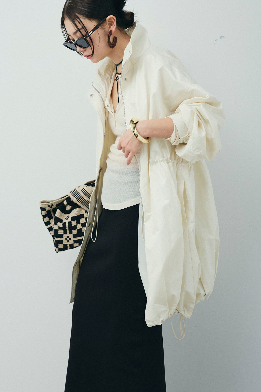 [予約/SET]パールタフタロングマンパ+シアーテレコヘンリーネックPO+ダンボールニットスカート+スリットレギンス(4set)