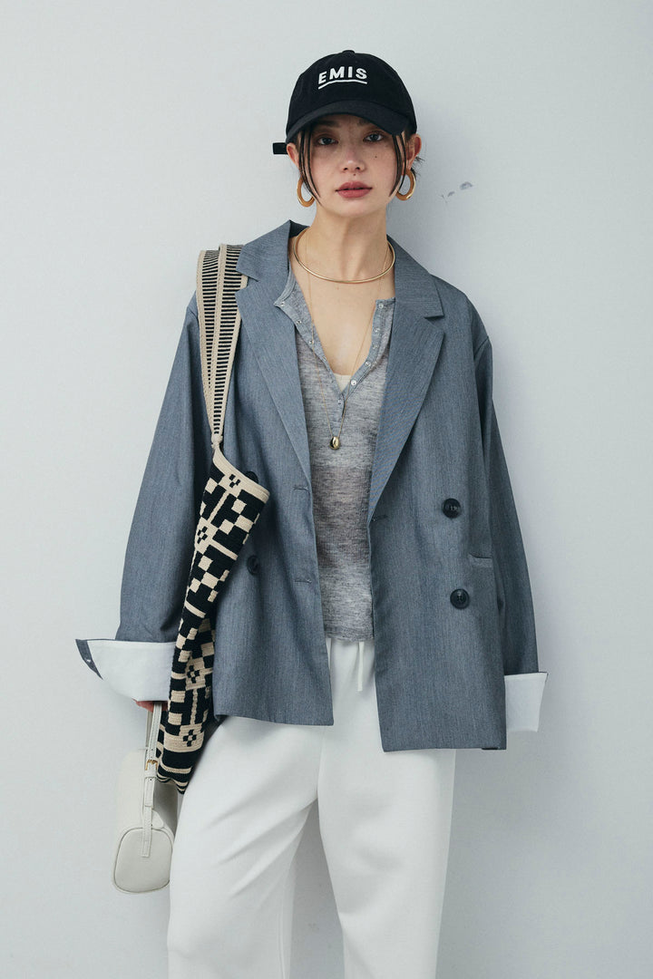 [予約/SET]TRツイル袖折り返しダブルジャケット+シアーテレコヘンリーネックPO(2set)