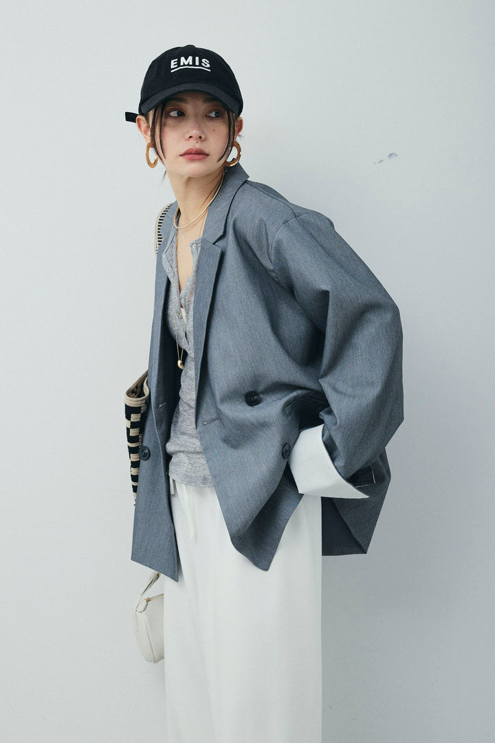 [予約/SET]TRツイル袖折り返しダブルジャケット+シアーテレコヘンリーネックPO(2set)