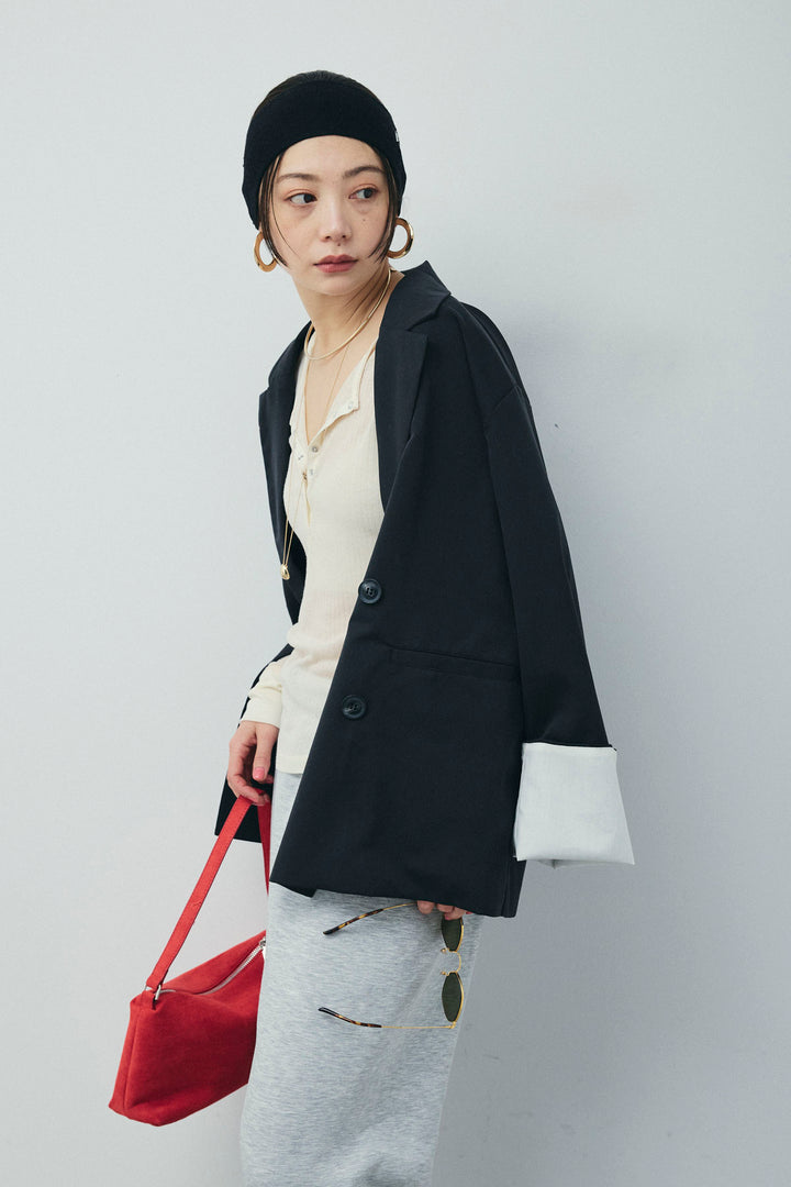 [予約/SET]TRツイル袖折り返しダブルジャケット+シアーテレコヘンリーネックPO(2set)