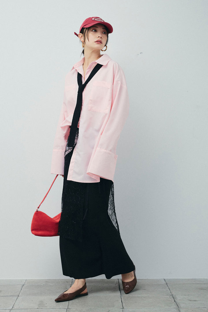 [予約/SET]ビッグカフスオーバーサイズシャツ+ダンボールニットスカート+ラメレースラップスカート(3set)