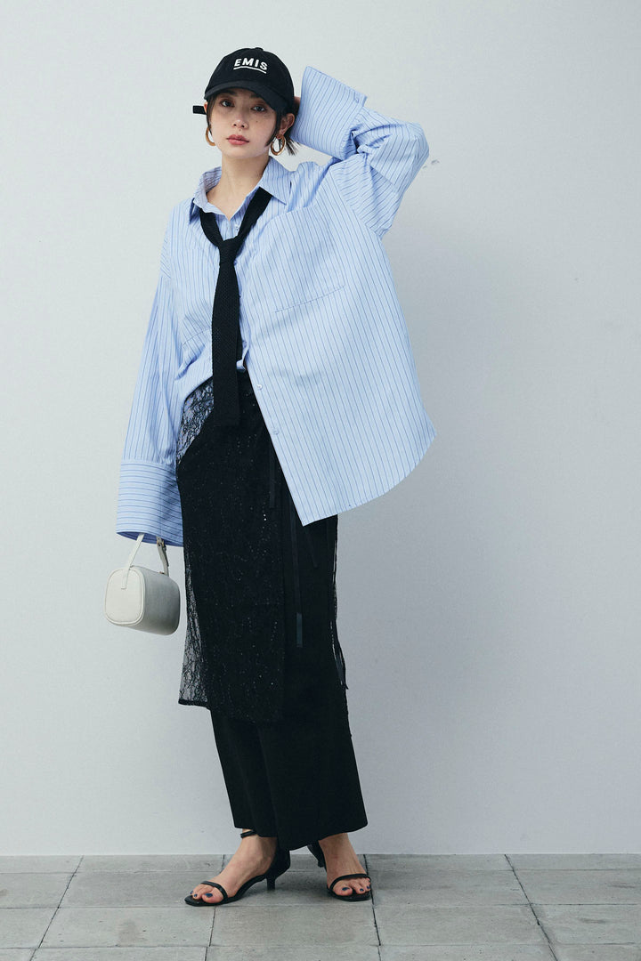 [予約/SET]ビッグカフスオーバーサイズシャツ+ダンボールニットスカート+ラメレースラップスカート+シルクニットタイ(4set)