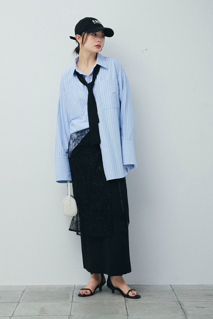 [予約/SET]ビッグカフスオーバーサイズシャツ+ダンボールニットスカート+ラメレースラップスカート(3set)