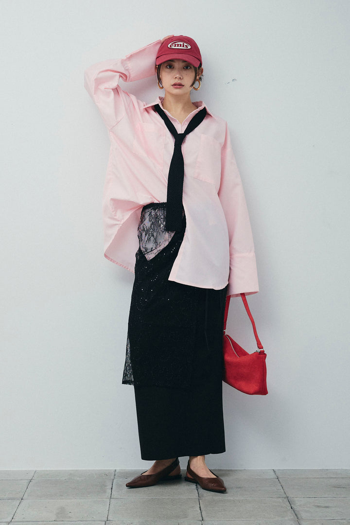 [予約/SET]ビッグカフスオーバーサイズシャツ+ダンボールニットスカート+ラメレースラップスカート(3set)