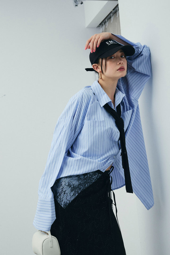 [予約/SET]ビッグカフスオーバーサイズシャツ+ダンボールニットスカート+ラメレースラップスカート+シルクニットタイ(4set)