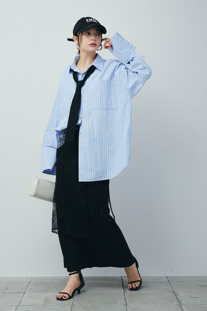 [予約/SET]ビッグカフスオーバーサイズシャツ+ダンボールニットスカート+ラメレースラップスカート(3set)