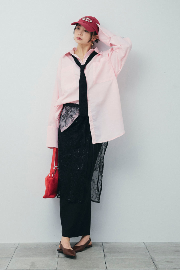 [予約/SET]ビッグカフスオーバーサイズシャツ+ダンボールニットスカート+ラメレースラップスカート(3set)