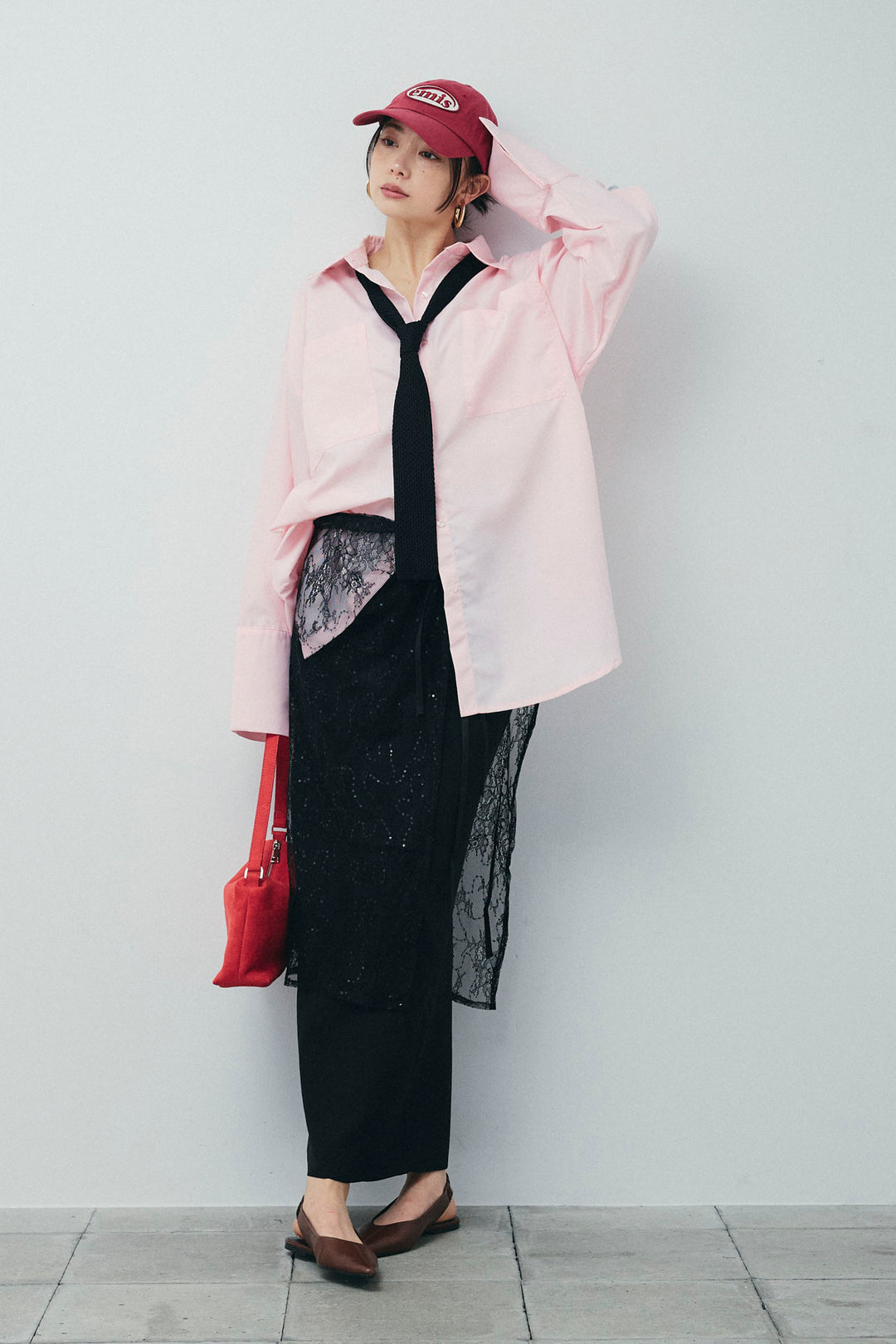 [予約/SET]ビッグカフスオーバーサイズシャツ+ダンボールニットスカート+ラメレースラップスカート+シルクニットタイ(4set)