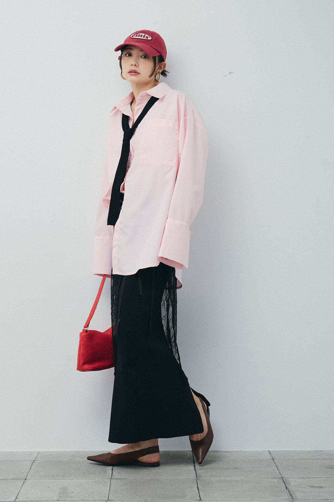 [予約/SET]ビッグカフスオーバーサイズシャツ+ダンボールニットスカート+ラメレースラップスカート+シルクニットタイ(4set)