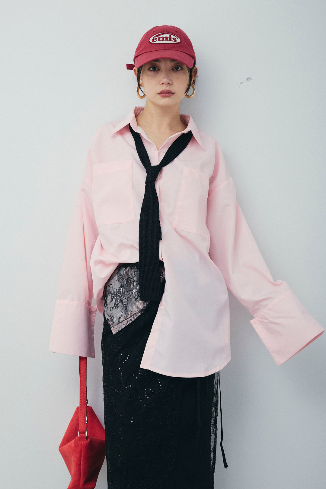 [予約/SET]ビッグカフスオーバーサイズシャツ+ダンボールニットスカート+ラメレースラップスカート+シルクニットタイ(4set)