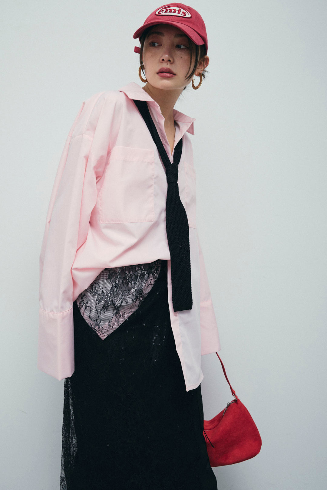 [予約/SET]ビッグカフスオーバーサイズシャツ+ダンボールニットスカート+ラメレースラップスカート+シルクニットタイ(4set)