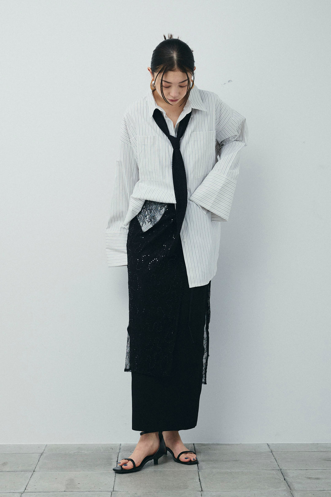 [予約/SET]ビッグカフスオーバーサイズシャツ+シルクニットタイ(2set)