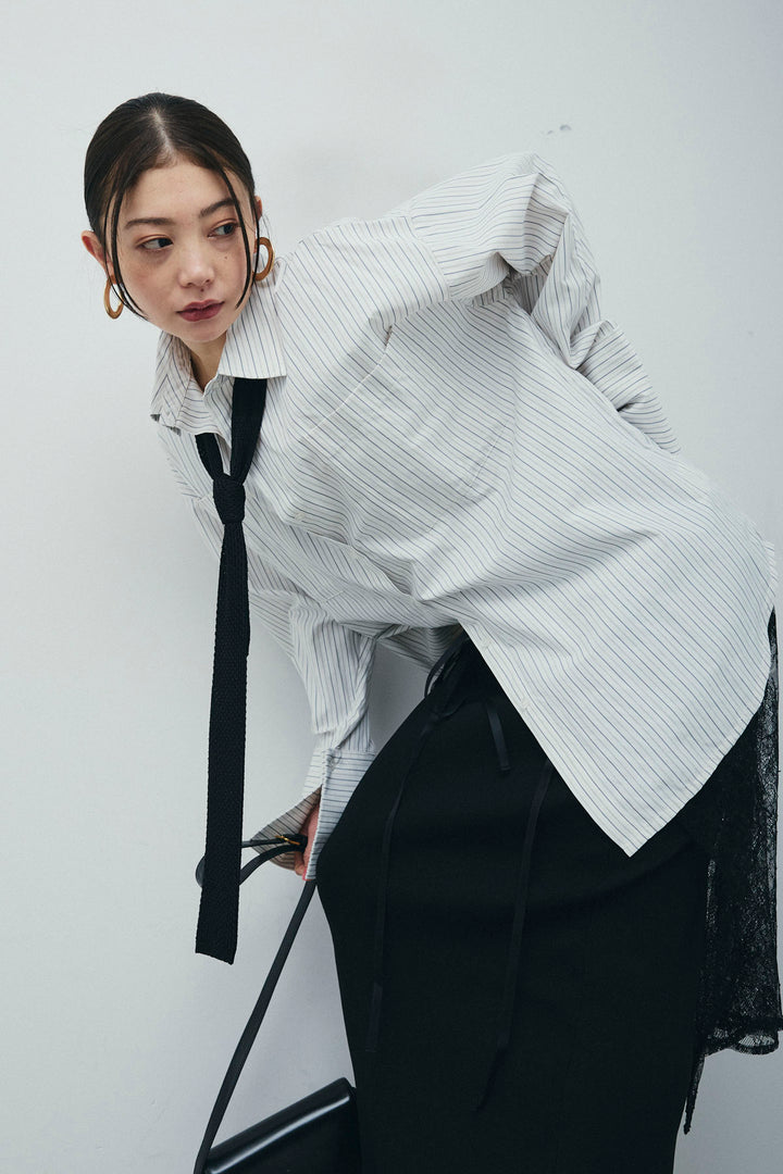 [予約/SET]ビッグカフスオーバーサイズシャツ+ダンボールニットスカート+ラメレースラップスカート+シルクニットタイ(4set)