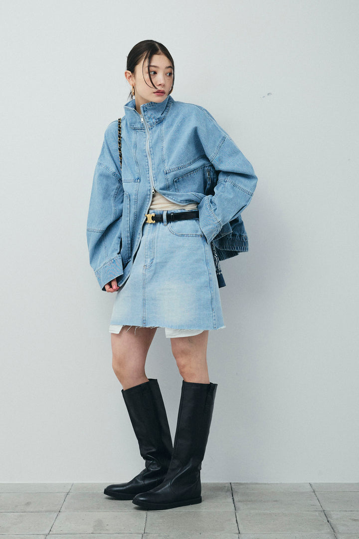 [予約/SET]ダブルジップスタンドカラーデニムブルゾン+デニムミニスカート(2set)