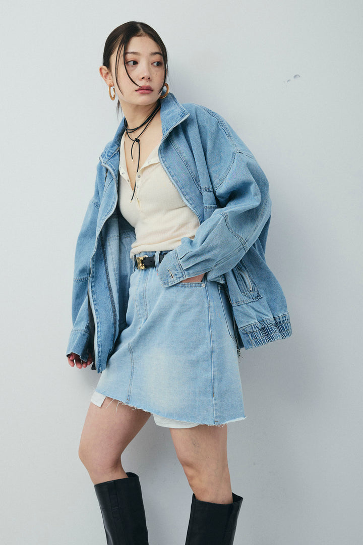 [予約/SET]ダブルジップスタンドカラーデニムブルゾン+デニムミニスカート(2set)