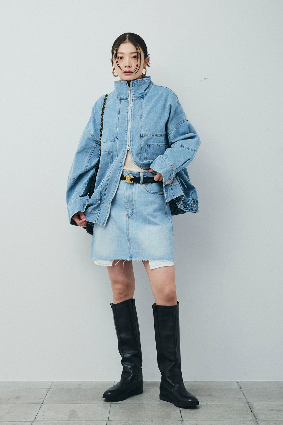 [予約/SET]ダブルジップスタンドカラーデニムブルゾン+デニムミニスカート(2set)