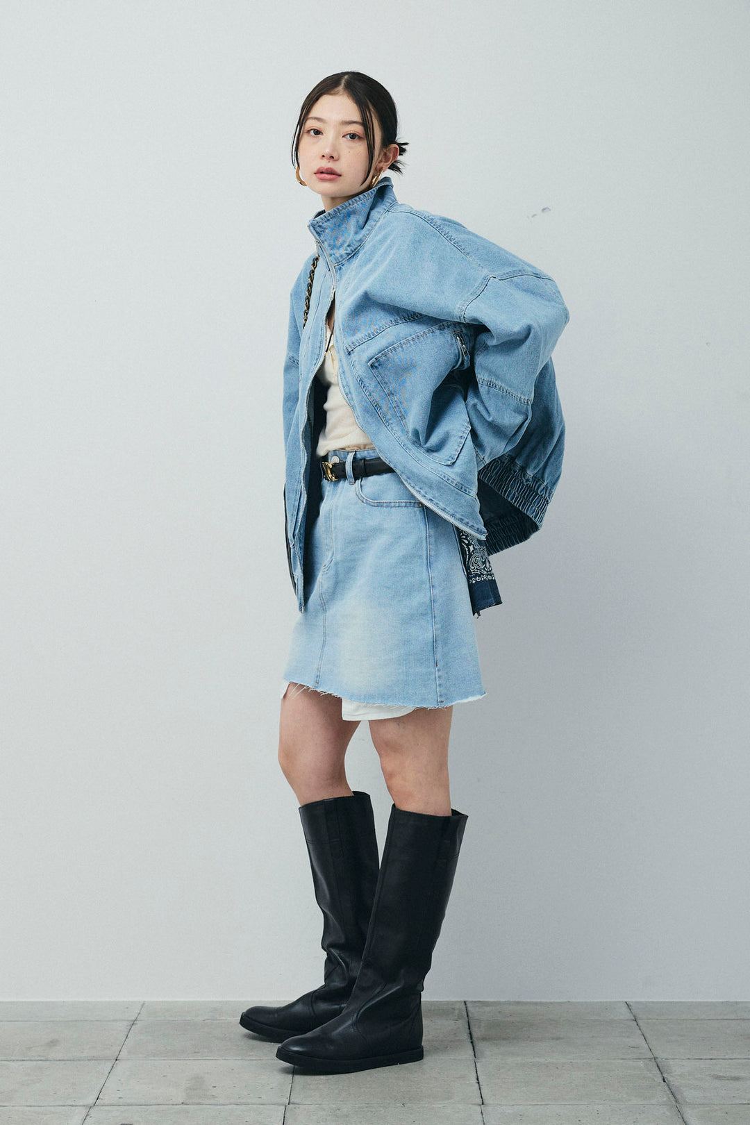 [予約/SET]ダブルジップスタンドカラーデニムブルゾン+デニムミニスカート(2set)