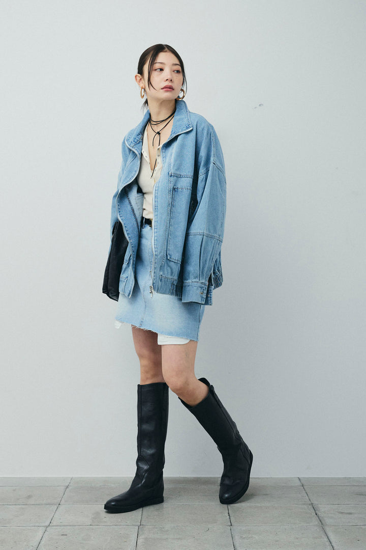 [予約/SET]ダブルジップスタンドカラーデニムブルゾン+デニムミニスカート(2set)