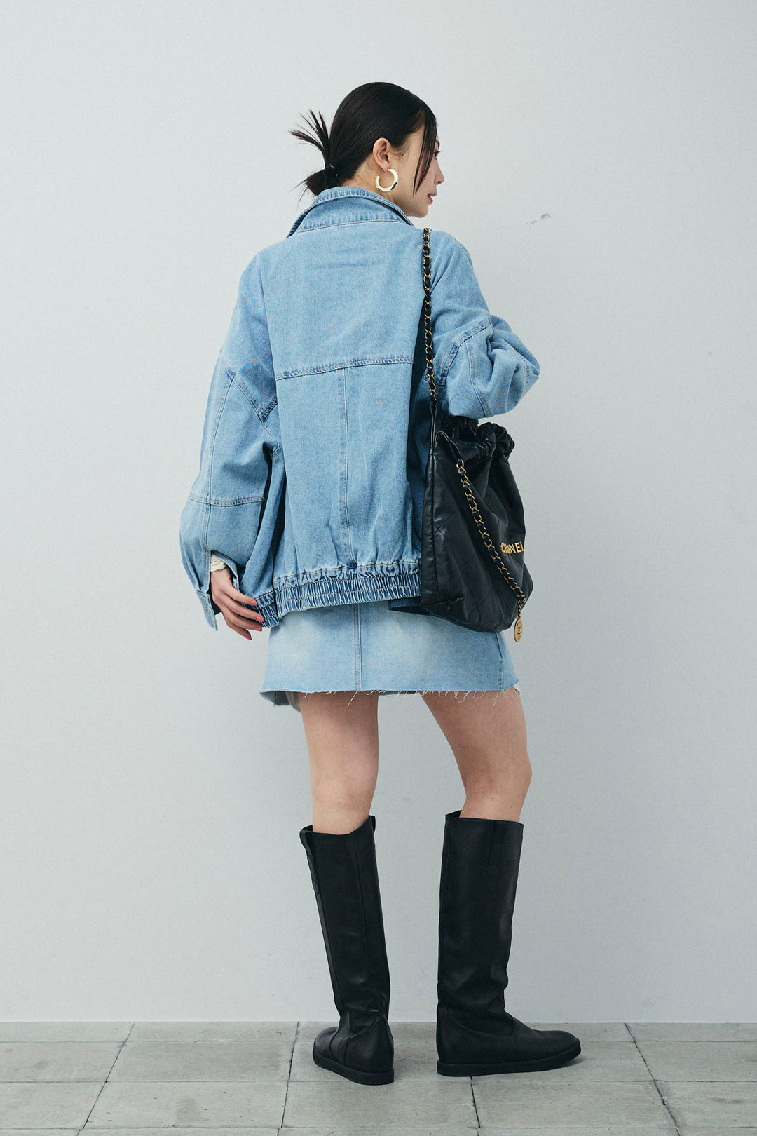 [予約/SET]ダブルジップスタンドカラーデニムブルゾン+デニムミニスカート(2set)