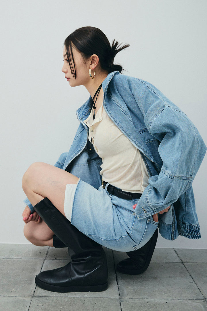 [予約/SET]ダブルジップスタンドカラーデニムブルゾン+デニムミニスカート(2set)