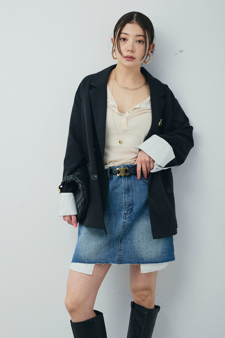 [予約/SET]TRツイル袖折り返しダブルジャケット+シアーテレコヘンリーネックPO+デニムミニスカート(3set)