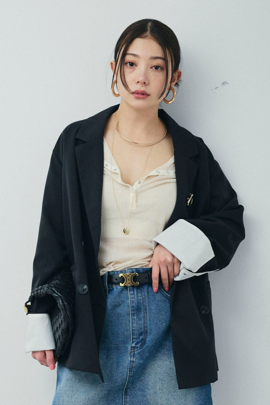 [予約/SET]TRツイル袖折り返しダブルジャケット+シアーテレコヘンリーネックPO(2set)