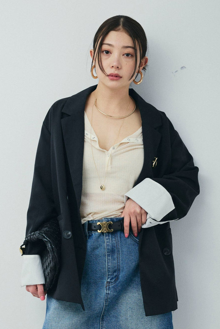 [予約/SET]TRツイル袖折り返しダブルジャケット+シアーテレコヘンリーネックPO(2set)