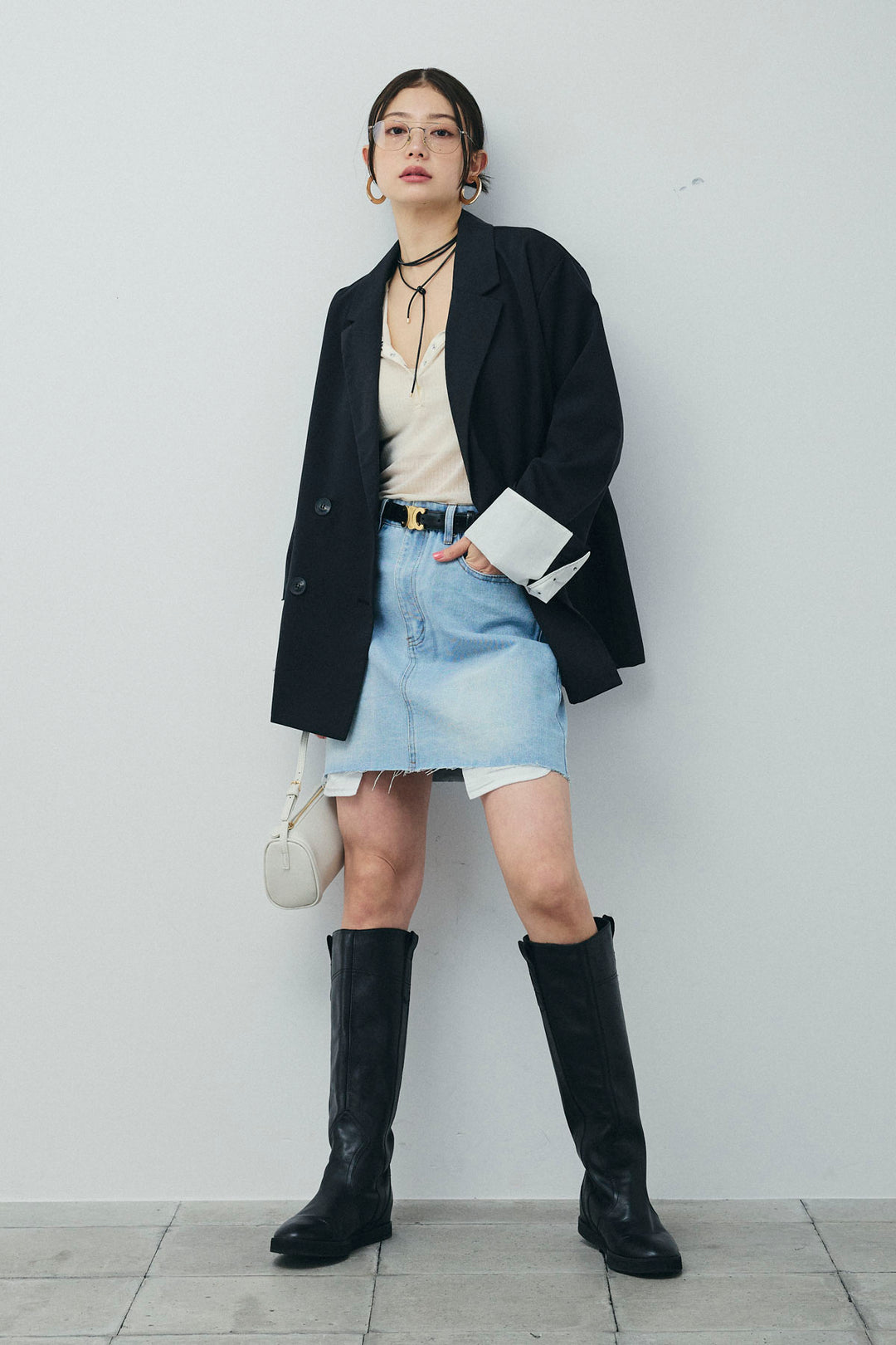 [予約/SET]TRツイル袖折り返しダブルジャケット+デニムミニスカート(2set)