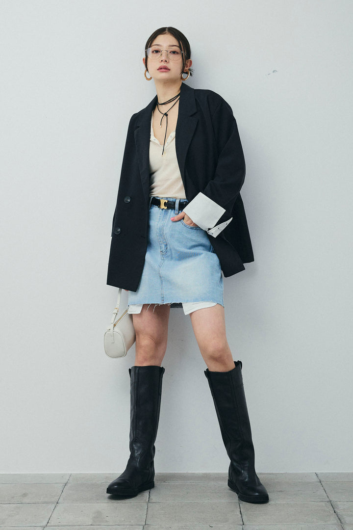 [予約/SET]TRツイル袖折り返しダブルジャケット+デニムミニスカート(2set)