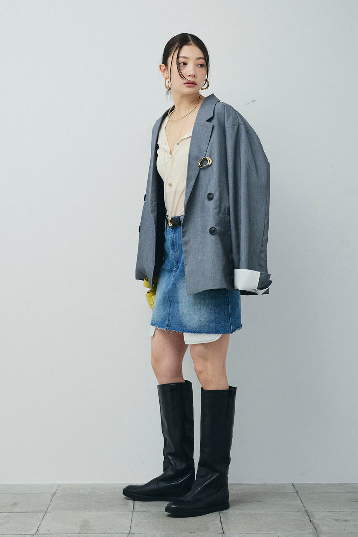 [予約/SET]TRツイル袖折り返しダブルジャケット+デニムミニスカート(2set)