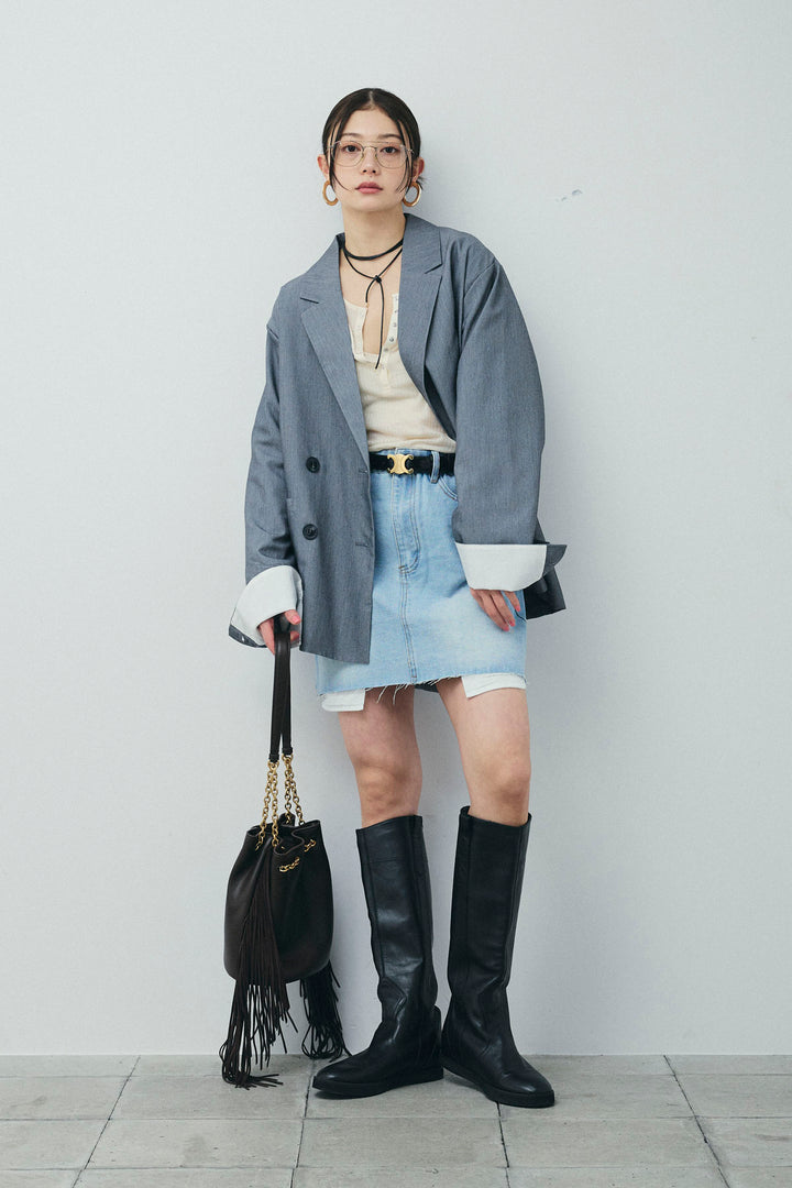 [予約/SET]TRツイル袖折り返しダブルジャケット+デニムミニスカート(2set)