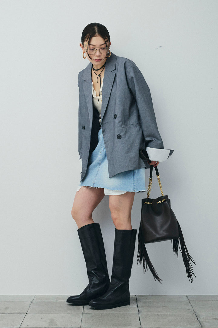 [予約/SET]TRツイル袖折り返しダブルジャケット+デニムミニスカート(2set)