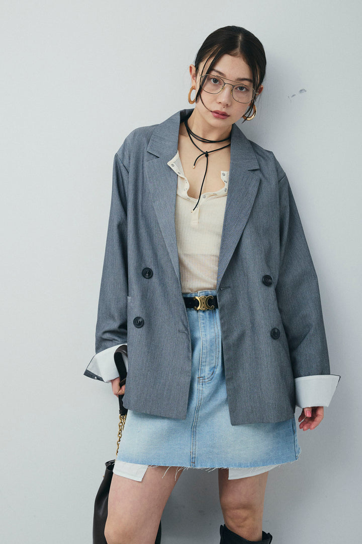 [予約/SET]TRツイル袖折り返しダブルジャケット+シアーテレコヘンリーネックPO+デニムミニスカート(3set)