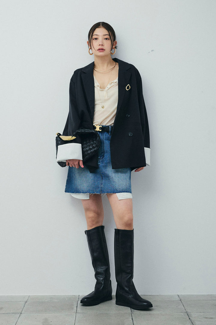 [予約/SET]TRツイル袖折り返しダブルジャケット+デニムミニスカート(2set)