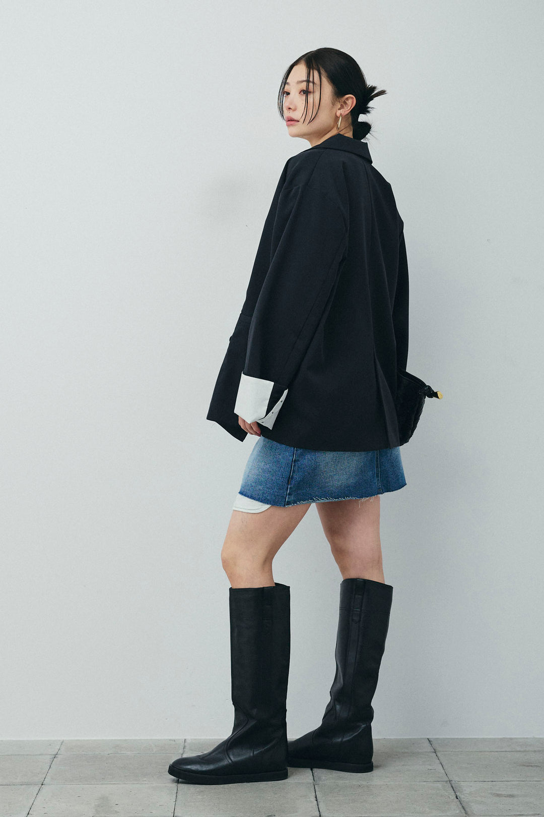 [予約/SET]TRツイル袖折り返しダブルジャケット+デニムミニスカート(2set)