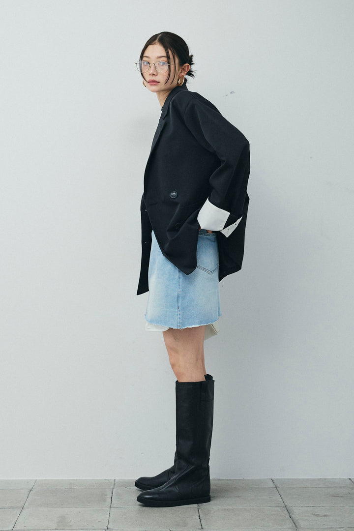 [予約/SET]TRツイル袖折り返しダブルジャケット+デニムミニスカート(2set)