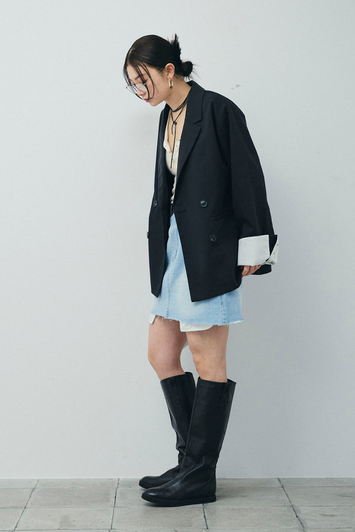 [予約/SET]TRツイル袖折り返しダブルジャケット+デニムミニスカート(2set)