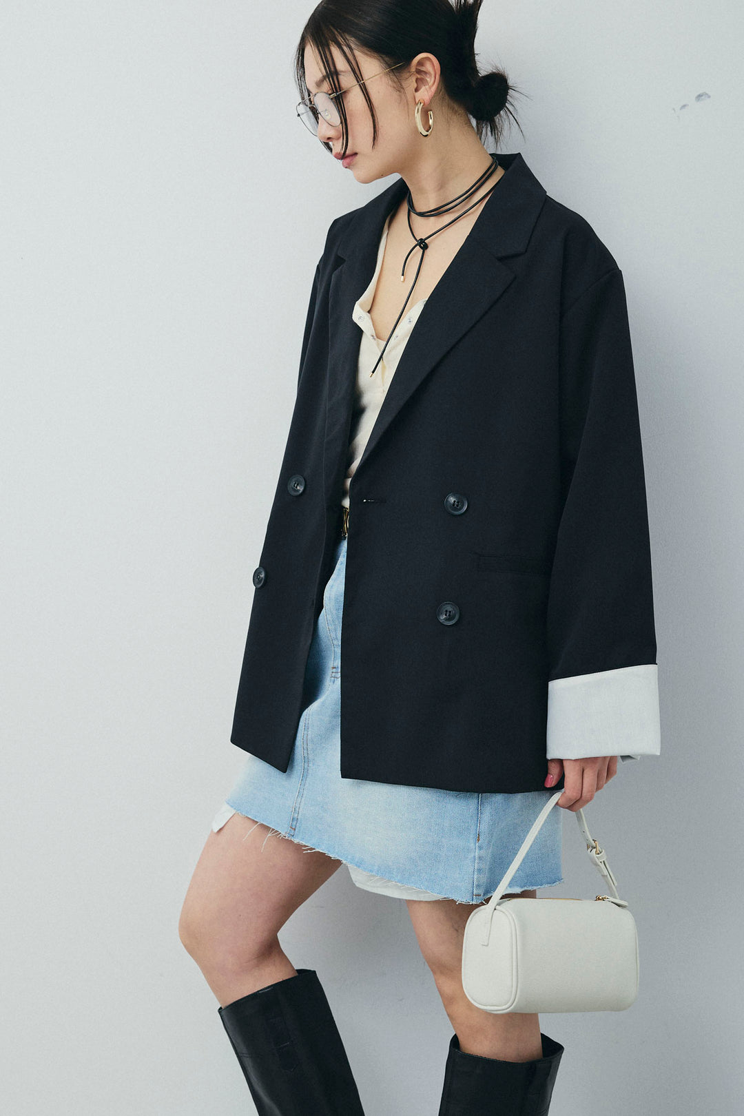 [予約/SET]TRツイル袖折り返しダブルジャケット+シアーテレコヘンリーネックPO+デニムミニスカート(3set)