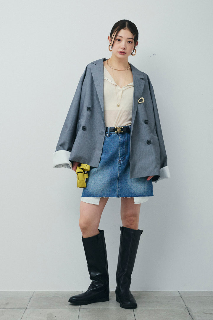 [予約/SET]TRツイル袖折り返しダブルジャケット+デニムミニスカート(2set)