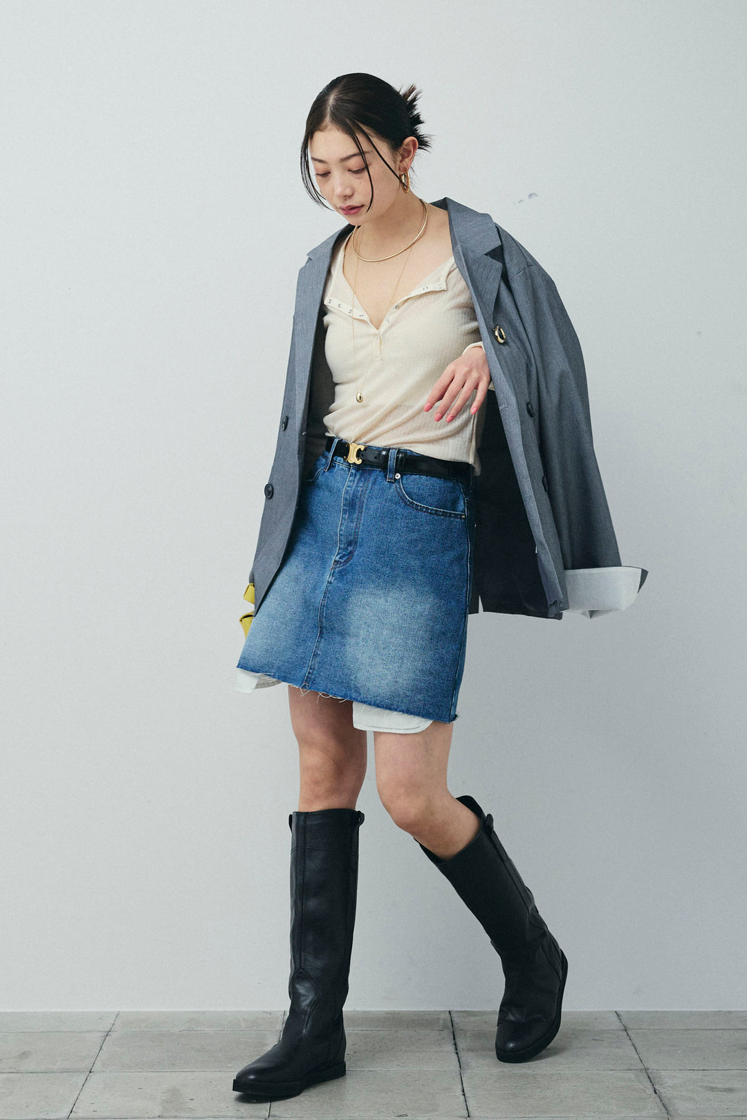 [予約/SET]TRツイル袖折り返しダブルジャケット+デニムミニスカート(2set)