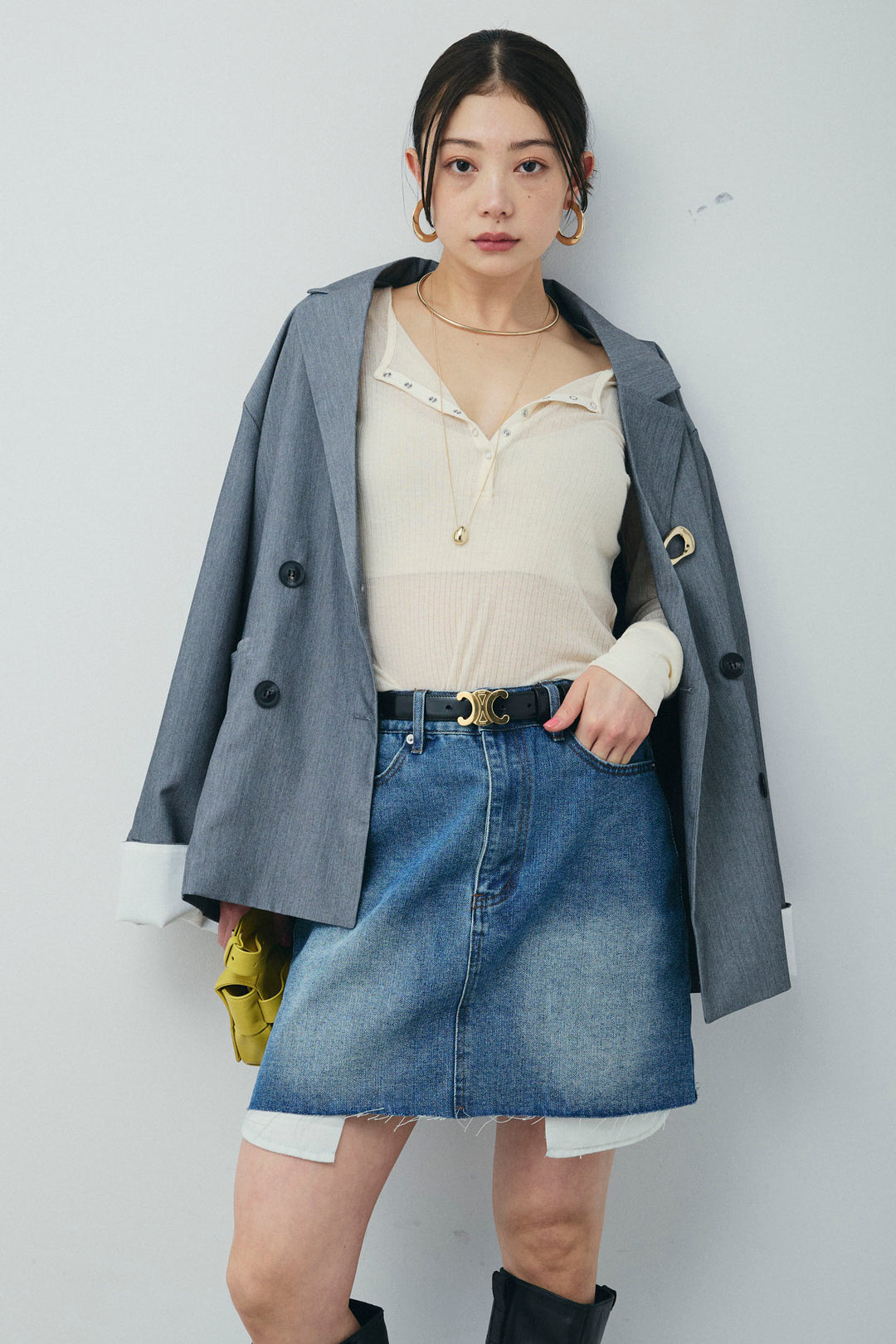 [予約/SET]TRツイル袖折り返しダブルジャケット+シアーテレコヘンリーネックPO+デニムミニスカート(3set)